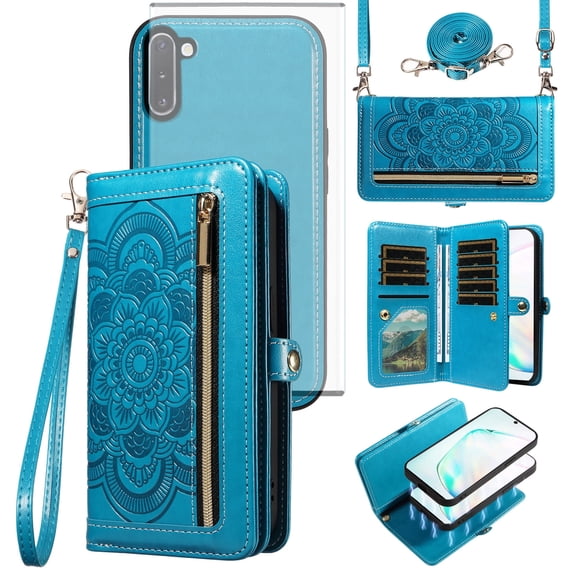 Asuwish Phone Case for Samsung Galaxy Note 10 5G Zipper Wallet Detachable Cell Cover with Tempered Glass Screen Protector Lanyard Strap Flower Flip Card Holder Note10 Notes 10s Ten Not S10 Women Blue