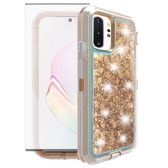 Asuwish Phone Case For Samsung Galaxy Note 10 Plus Note10+ 5G Tempered Glass Screen Protector Bling Liquid Clear Hybrid Shockproof Military Grade Protective Heavy Duty Cell Cover 10+ Women Girls Gold