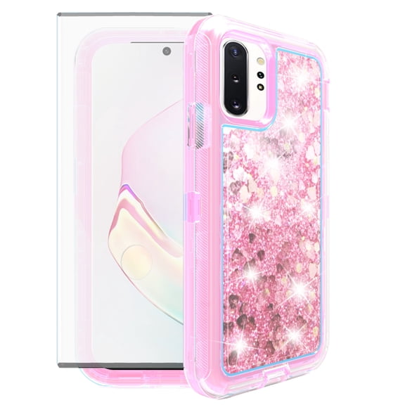 Asuwish Phone Case For Samsung Galaxy Note 10 Plus Note10  5G Tempered Glass Screen Protector Bling Liquid Clear Hybrid Shockproof Military Grade Protective Heavy Duty Cell Cover 10  Women Girls Pink