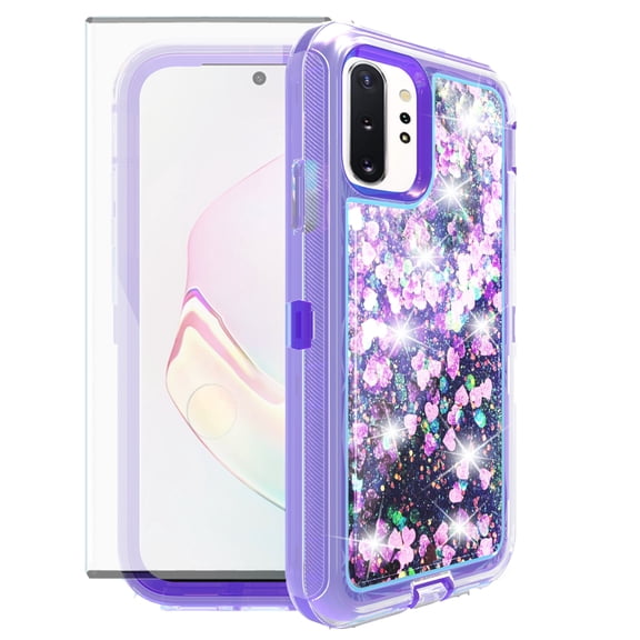 Asuwish Phone Case For Samsung Galaxy Note 10 Plus Note10+ 5G Tempered Glass Screen Protector Bling Liquid Clear Hybrid Shockproof Military Grade Protective Heavy Duty Cell Cover Women Girls Purple