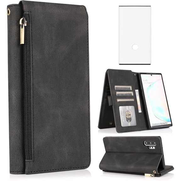 Asuwish Wallet Kickstand Hard Shell Cell Phone Case with Tempered Glass Screen Protector for Samsung Galaxy Note 10 Plus, Black