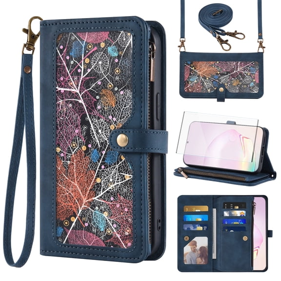 Asuwish Phone Case for Samsung Galaxy Note 10 Plus Note10 5G Wallet Cover With Tempered Glass Screen Protector Flip Pattern Zipper Credit Card Holder Cell Note10 Notes 10 Ten Not S10 10Plus Blue