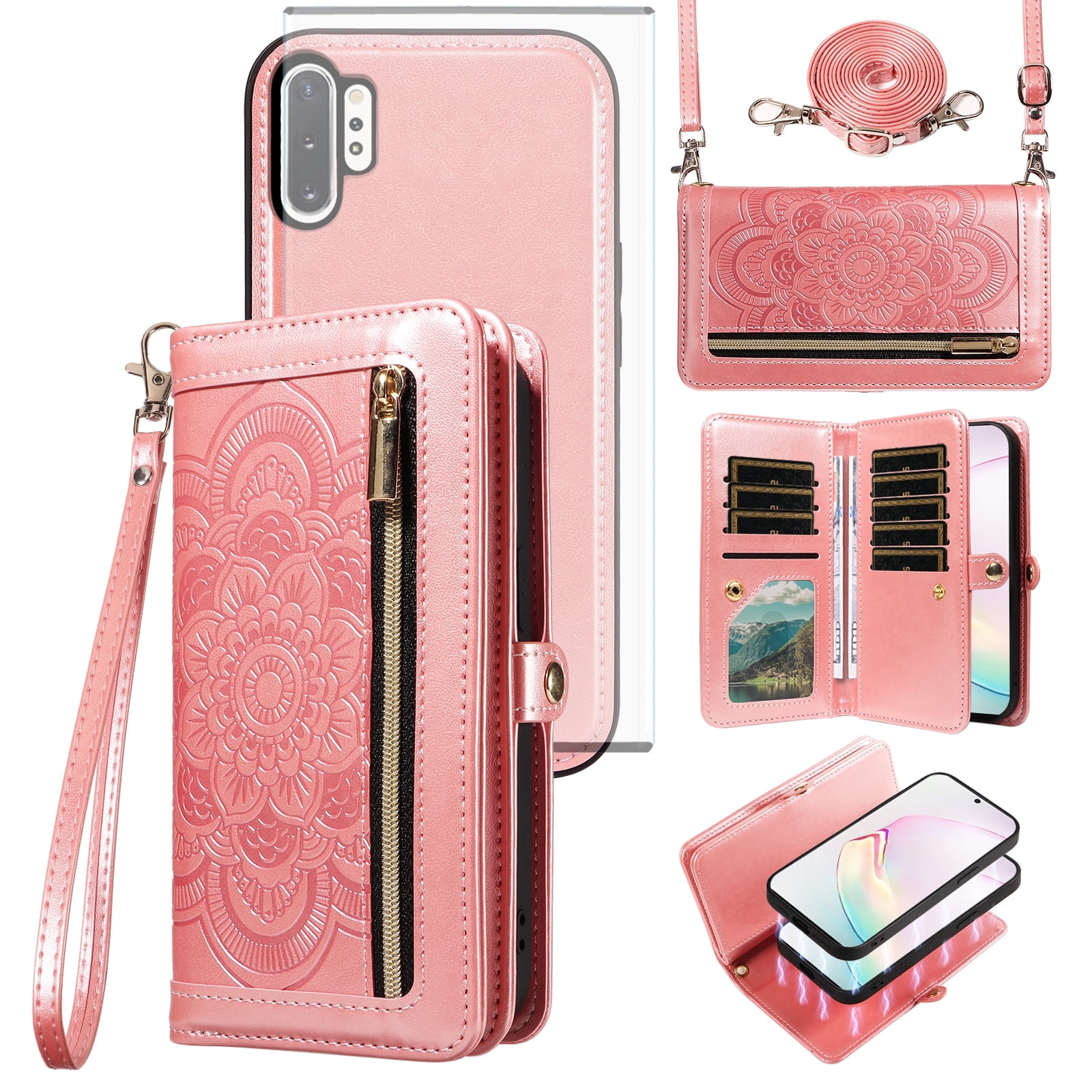 Asuwish Phone Case for Samsung Galaxy Note 10 Plus Note10+ 5G Zipper Wallet Cell Cover with Screen Protector Strap Flower Flip Card Holder Note10 + Notes 10+ Ten Not S10 10Plus Women Girls Rose Gold