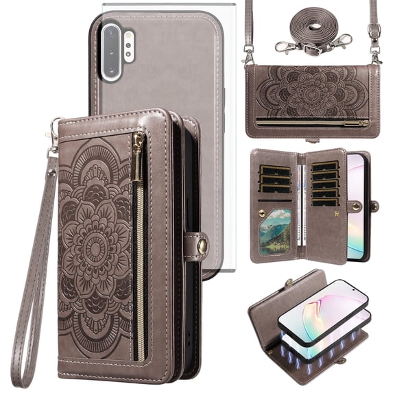 Asuwish Phone Case for Samsung Galaxy Note 10 Plus Note10+ 5G Zipper Wallet Detachable Cell Cover with Screen Protector Strap Flower Flip Card Holder Note10 + Notes 10+ Ten Not S10 10Plus Women Gray