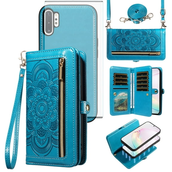 Asuwish Phone Case for Samsung Galaxy Note 10 Plus Note10+ 5G Zipper Wallet Detachable Cell Cover with Screen Protector Strap Flower Flip Card Holder Note10 + Notes 10+ Ten Not S10 10Plus Women Blue