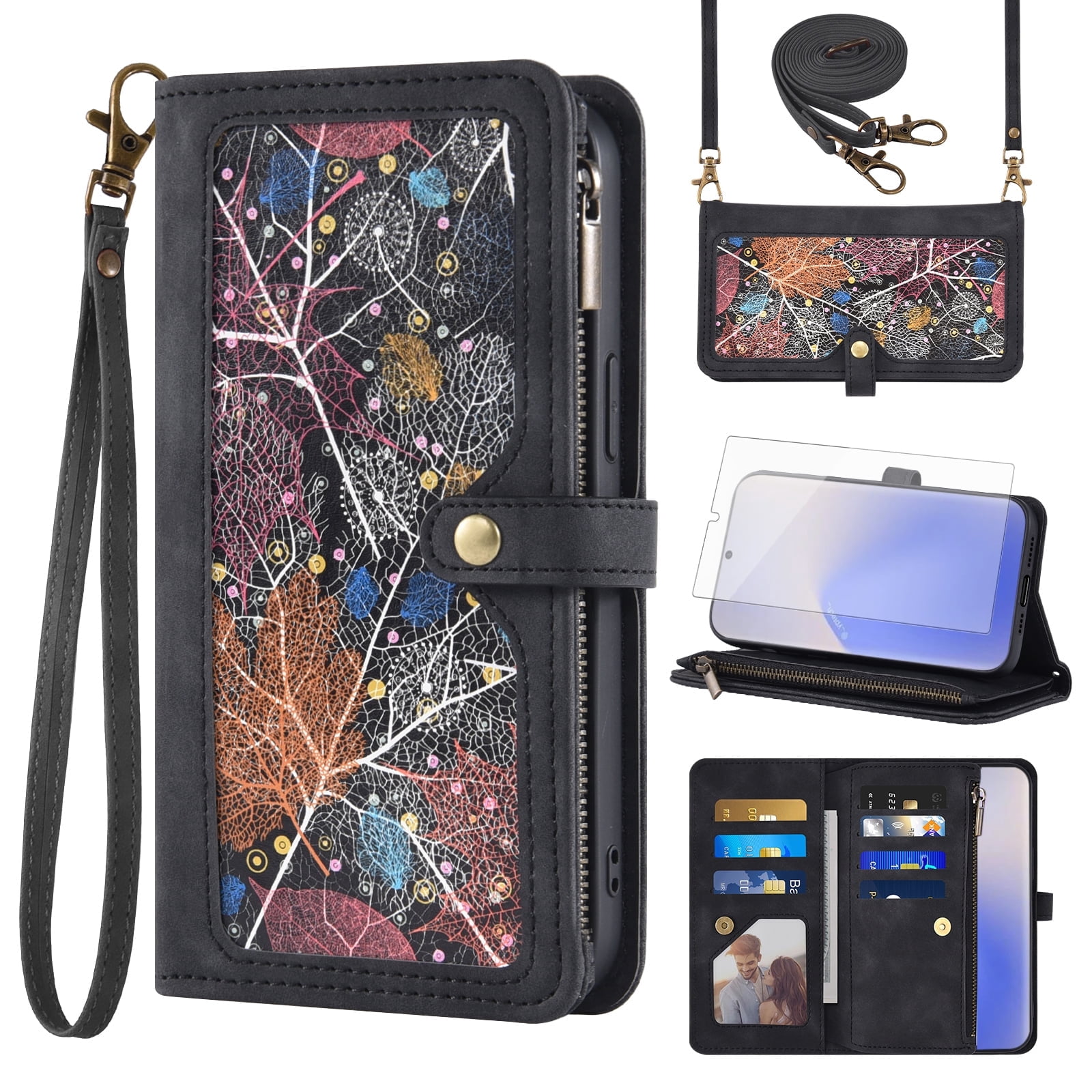 Asuwish Phone Case for Samsung Galaxy Note 20 5G Wallet Cover With Tempered Glass Screen Protector Crossbody Wrist Strap Flip Pattern Zipper Card Holder Cell Note20 Notes 20s Twenty Not S20 Men Black