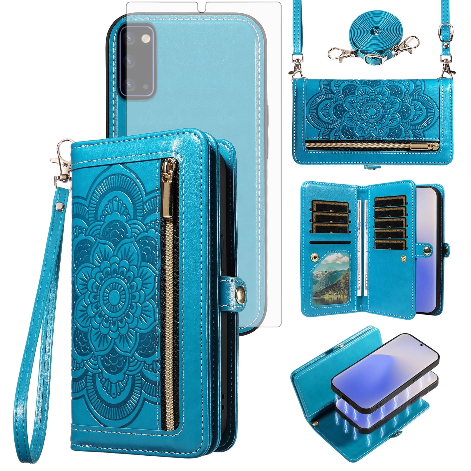 Asuwish Phone Case for Samsung Galaxy Note 20 5G Zipper Wallet Detachable Cell Cover with Tempered Glass Screen Protector Strap Flower Flip Card Holder Slot Note20 Notes 20s Twenty Not S20 Women Blue