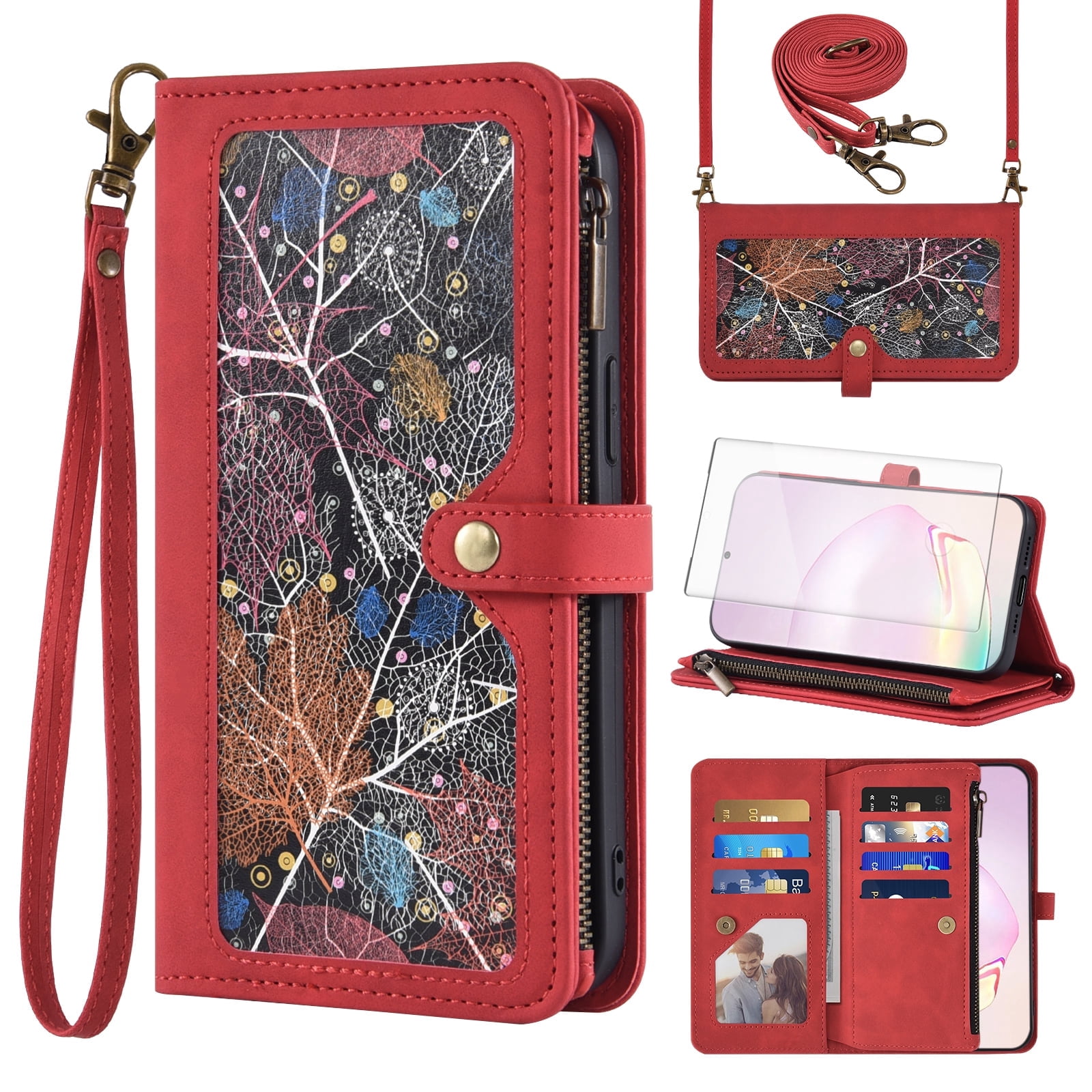 Asuwish Phone Case for Samsung Galaxy Note 20 Ultra 5G Wallet Cover With Screen Protector Wrist Strap Flip Pattern Zipper Card Holder Cell Note20 Plus Notes 20Ultra Note20+ U + 20+ Twenty Not S20 Red