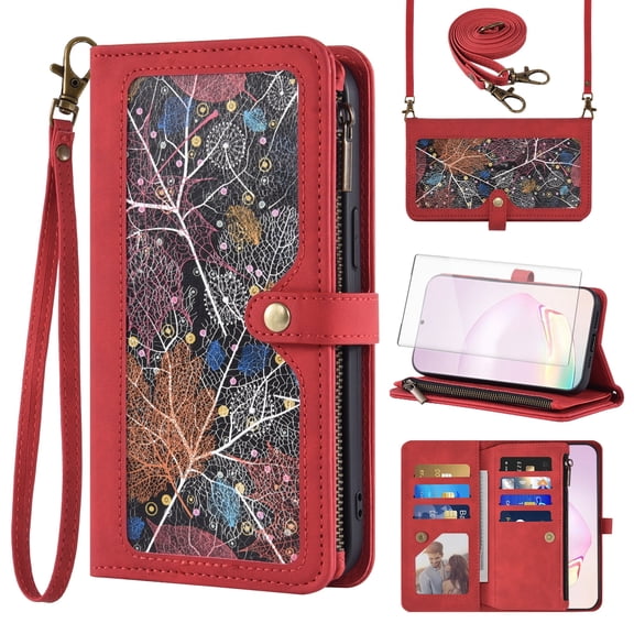 Asuwish Phone Case for Samsung Galaxy Note 20 Ultra 5G Wallet Cover With Screen Protector Wrist Strap Flip Pattern Zipper Card Holder Cell Note20 Plus Notes 20Ultra Note20+ U + 20+ Twenty Not S20 Red