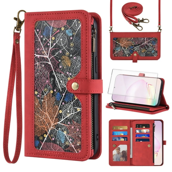 Asuwish Phone Case for Samsung Galaxy Note 20 Ultra 5G Wallet Cover With Screen Protector Wrist Strap Flip Pattern Zipper Card Holder Cell Note20 Plus Notes 20Ultra Note20+ U + 20+ Twenty Not S20 Red