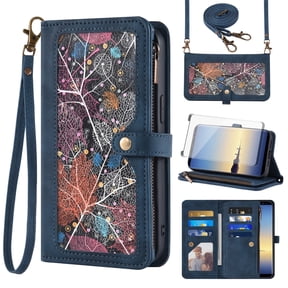Asuwish Phone Case for Samsung Galaxy Note 8 Wallet Cover With Tempered Glass Screen Protector Crossbody Wrist Strap Flip Pattern Zipper Credit Card Holder Stand Cell Note8 Not S8 Gaxaly Women Blue