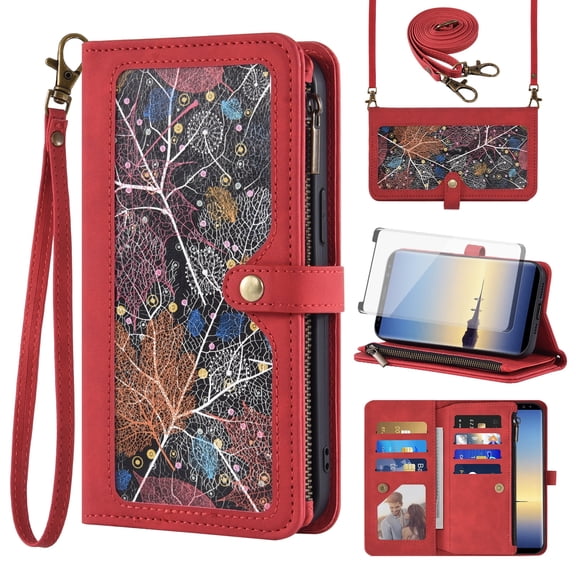 Asuwish Phone Case for Samsung Galaxy Note 8 Wallet Cover With Tempered Glass Screen Protector Crossbody Wrist Strap Flip Pattern Zipper Credit Card Holder Stand Cell Note8 Not S8 Gaxaly Women Red