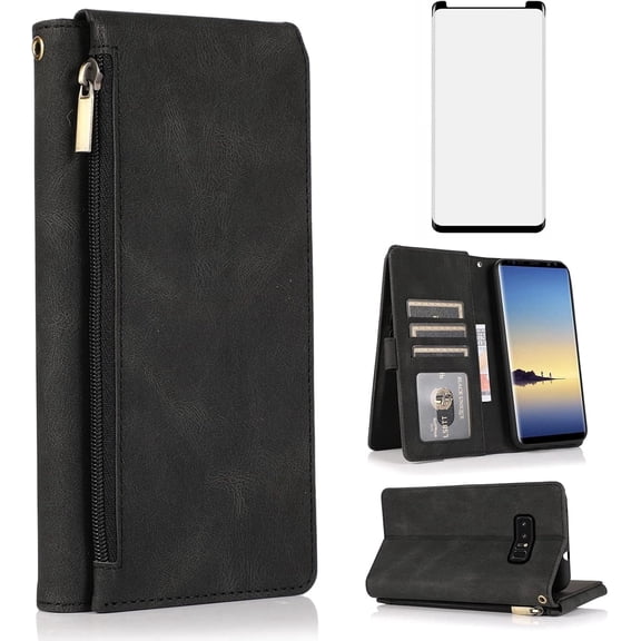 Asuwish Wallet Kickstand Hard Shell Cell Phone Case with Tempered Glass Screen Protector for Samsung Galaxy Note 8, Black