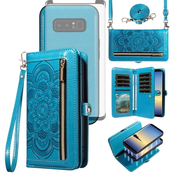 Asuwish Phone Case for Samsung Galaxy Note 8 Zipper Wallet Detachable Cell Cover with Tempered Glass Screen Protector Crossbody Lanyard Strap Flower Flip Card Holder Note8 Not S8 Gaxaly Women Blue