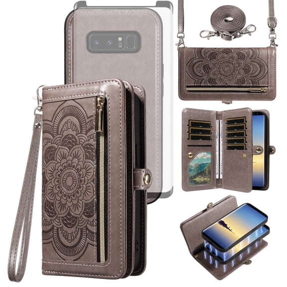 Asuwish Phone Case for Samsung Galaxy Note 8 Zipper Wallet Detachable Cell Cover with Tempered Glass Screen Protector Crossbody Lanyard Strap Flower Flip Card Holder Note8 Not S8 Gaxaly Women Gray