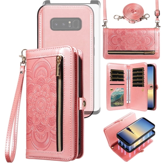 Asuwish Phone Case for Samsung Galaxy Note 8 Zipper Wallet Detachable Cell Cover with Tempered Glass Screen Protector Crossbody Strap Flower Flip Card Holder Note8 Not S8 Gaxaly Women Girls Rose Gold