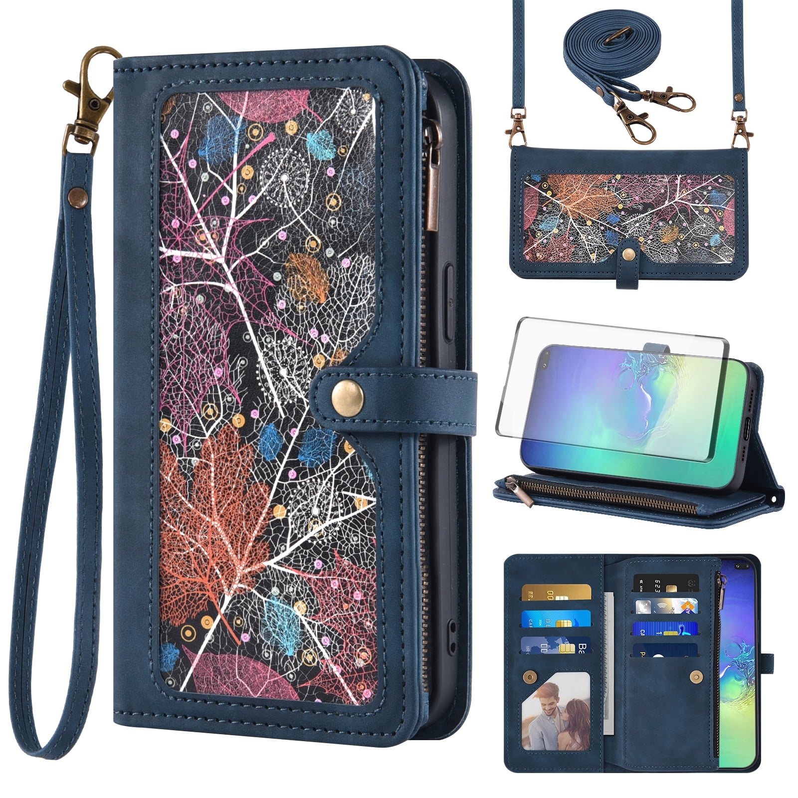 Asuwish Phone Case for Samsung Galaxy S10 Plus Wallet Cover With Tempered Glass Screen Protector Crossbody Wrist Strap Flip Pattern Zipper Card Holder Cell S10+ S10plus 10S Edge S 10 10plus Men Blue