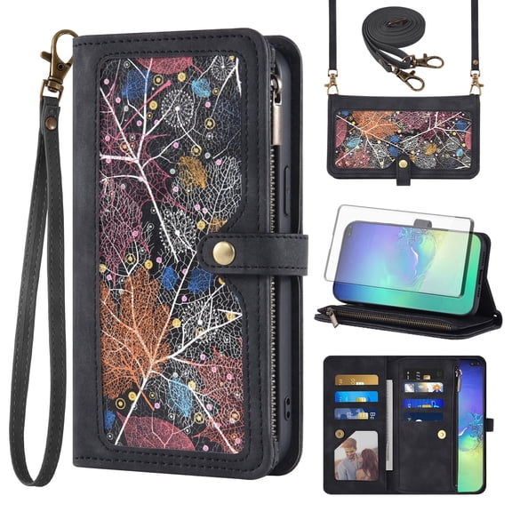 Asuwish Phone Case for Samsung Galaxy S10 Plus Wallet Cover With Tempered Glass Screen Protector Crossbody Wrist Strap Flip Pattern Zipper Card Holder Cell S10+ S10plus 10S Edge S 10 10plus Men Black