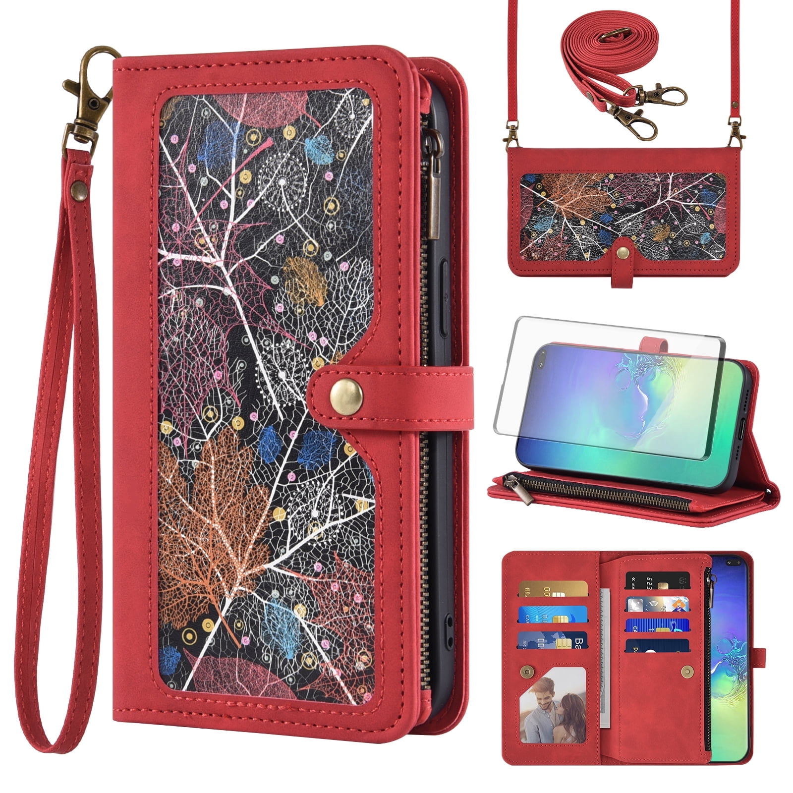 Asuwish Phone Case for Samsung Galaxy S10 Plus Wallet Cover With Tempered Glass Screen Protector Crossbody Wrist Strap Flip Pattern Zipper Card Holder Cell S10+ S10plus 10S Edge S 10 10plus Women Red
