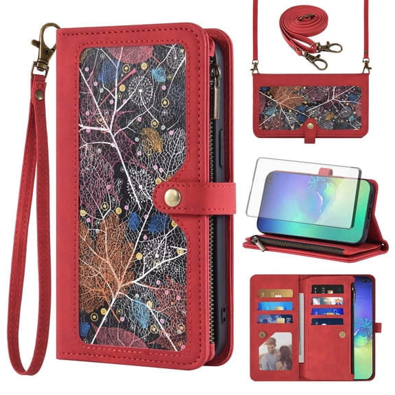 Asuwish Phone Case for Samsung Galaxy S10 Plus Wallet Cover With Tempered Glass Screen Protector Crossbody Wrist Strap Flip Pattern Zipper Card Holder Cell S10+ S10plus 10S Edge S 10 10plus Women Red