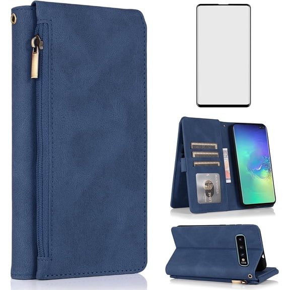 Asuwish Wallet Kickstand Hard Shell Cell Phone Case with Tempered Glass Screen Protector for Samsung Galaxy S10 Plus, Blue