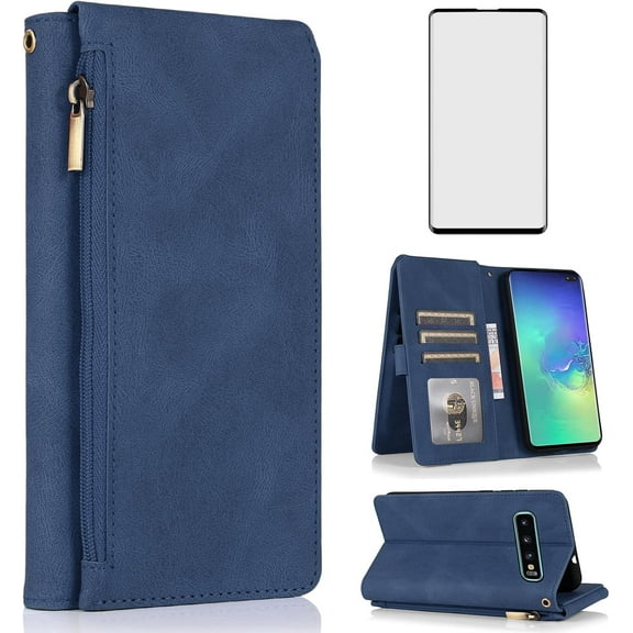 Asuwish Phone Case for Samsung Galaxy S10 Plus Wallet Mobile Credit Cell Cover with Tempered Glass Screen Protector Flip Zipper Stand Card Holder Slot S10+ S10plus 10S Edge S 10 10plus Women Men Blue