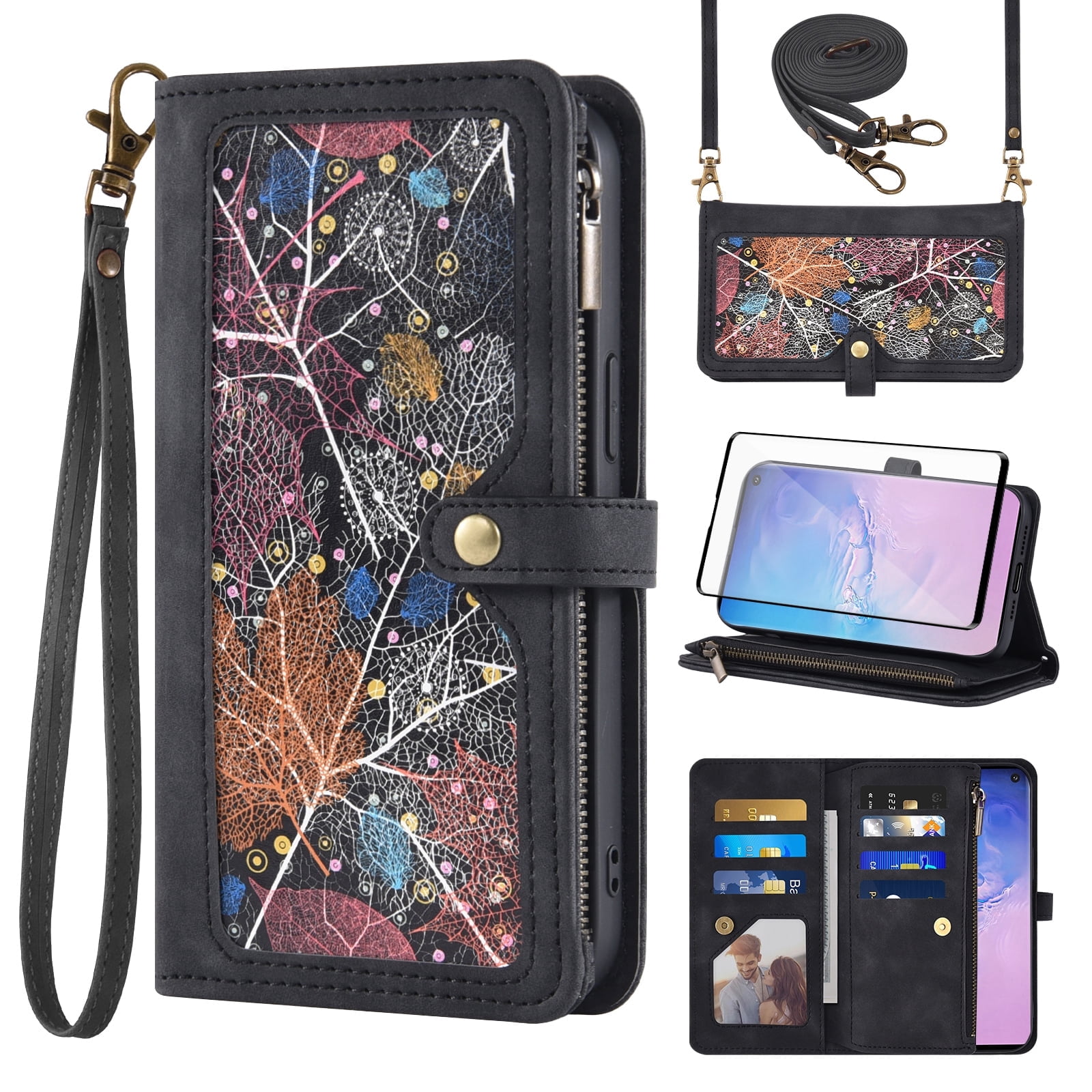 Asuwish Phone Case for Samsung Galaxy S10 Wallet Cover With Tempered Glass Screen Protector Crossbody Wrist Strap Flip Pattern Zipper Credit Card Holder Stand Cell S 10 Edge 10S GS10 X10 Women Black