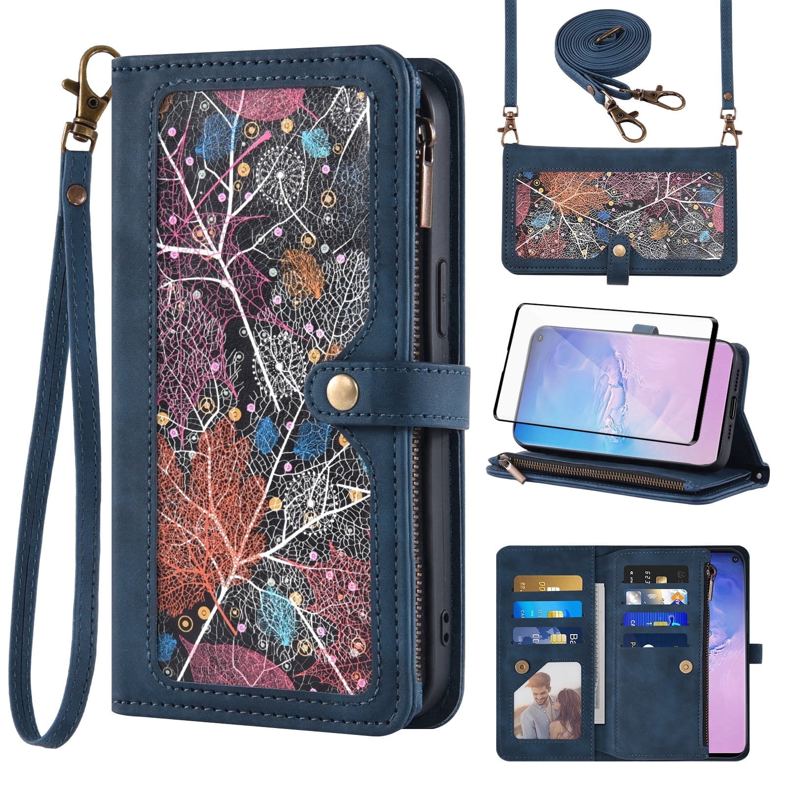 Asuwish Phone Case for Samsung Galaxy S10 Wallet Cover With Tempered Glass Screen Protector Crossbody Wrist Strap Flip Pattern Zipper Credit Card Holder Stand Cell S 10 Edge 10S GS10 X10 Women Blue
