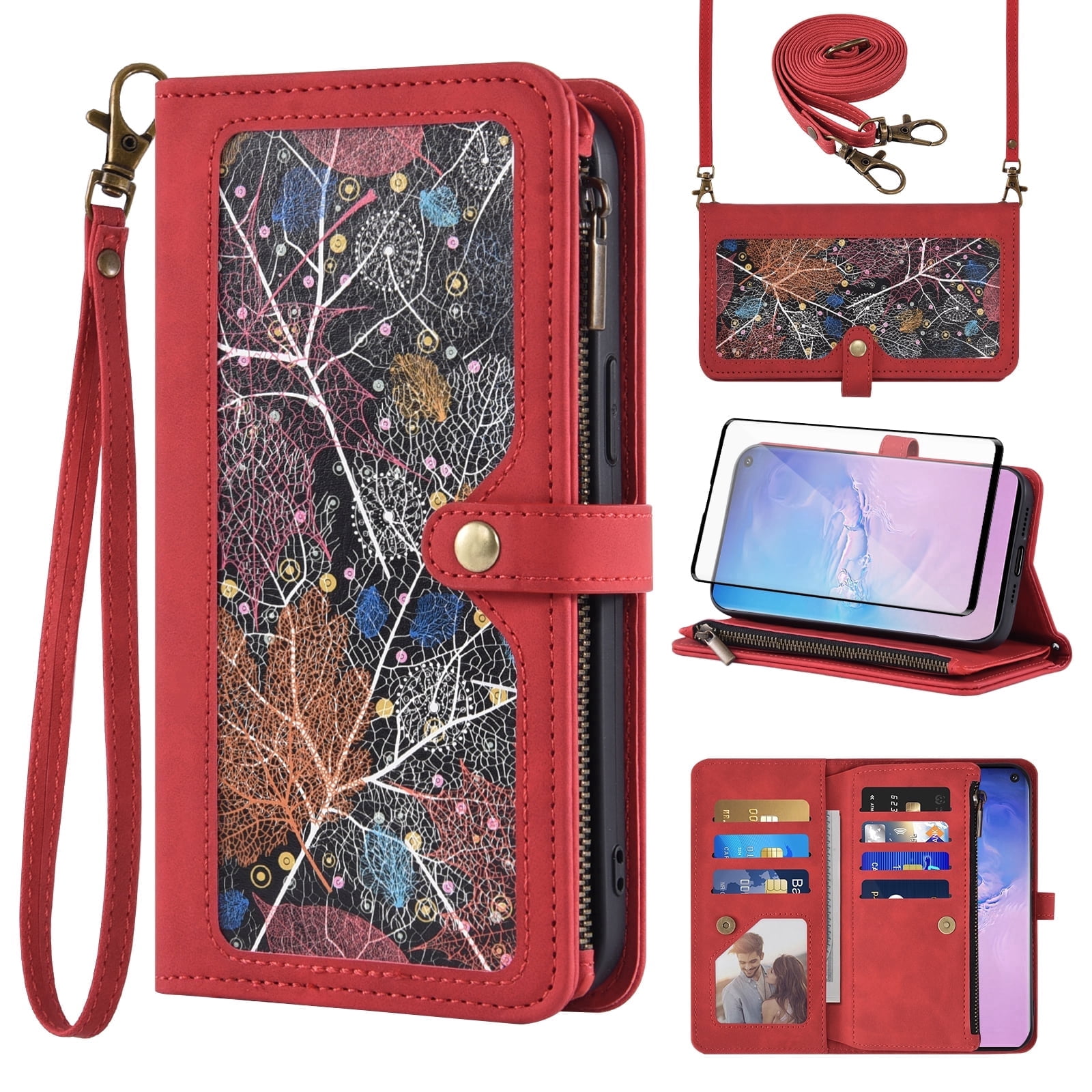 Asuwish Phone Case for Samsung Galaxy S10 Wallet Cover With Tempered Glass Screen Protector Crossbody Wrist Strap Flip Pattern Zipper Credit Card Holder Stand Cell S 10 Edge 10S GS10 X10 Women Red