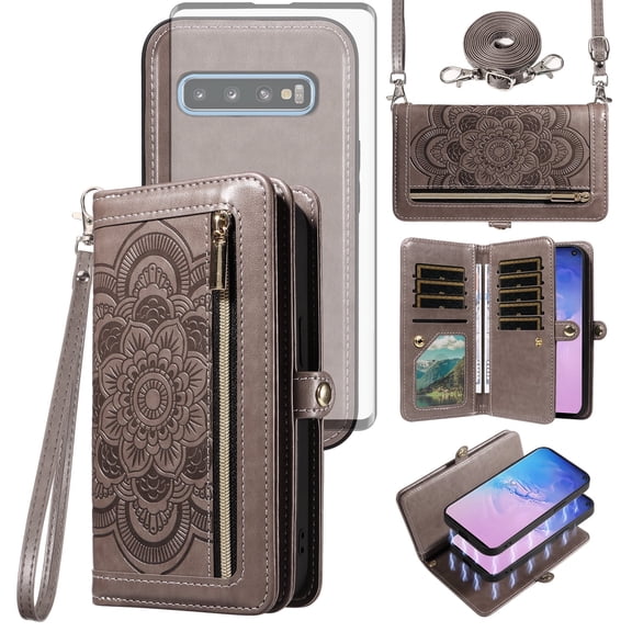 Asuwish Detachable Magnetic Zipper Wallet Phone Case with Flower Pattern and Screen Protector for Samsung Galaxy S10, Gray