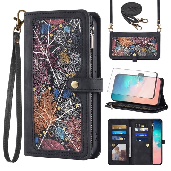 Asuwish Phone Case for Samsung Galaxy S10e Wallet Cover With Tempered Glass Screen Protector Crossbody Wrist Strap Flip Pattern Zipper Credit Card Holder Stand Cell S 10e 10se Se10 Women Men Black