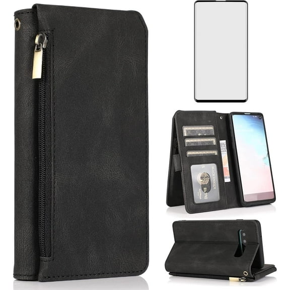 Asuwish Phone Case for Samsung Galaxy S10e Wallet Mobile Accessories Credit Cash Cell Cover with Tempered Glass Screen Protector Flip Zipper Stand Card Holder Slot S 10e 10se Se10 Women Men Black