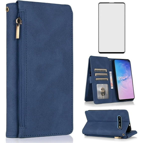 Asuwish Phone Case for Samsung Galaxy S10e Wallet Mobile Accessories Credit Cash Cell Cover with Tempered Glass Screen Protector Flip Zipper Stand Card Holder Slot S 10e 10se Se10 Women Men Blue