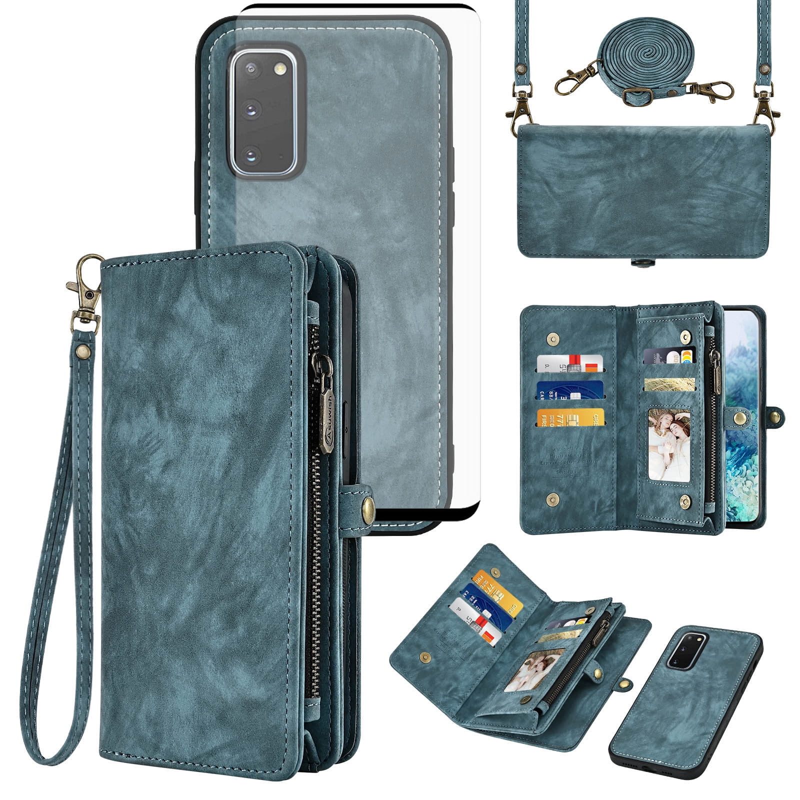 Asuwish Phone Case for Samsung Galaxy S20 5G 6.2 inch Zipper Wallet Detachable Cell Cover with Tempered Glass Screen Protector Crossbody Lanyard Strap Flip Card Holder S 20 20S UW S2O G5 Women Blue