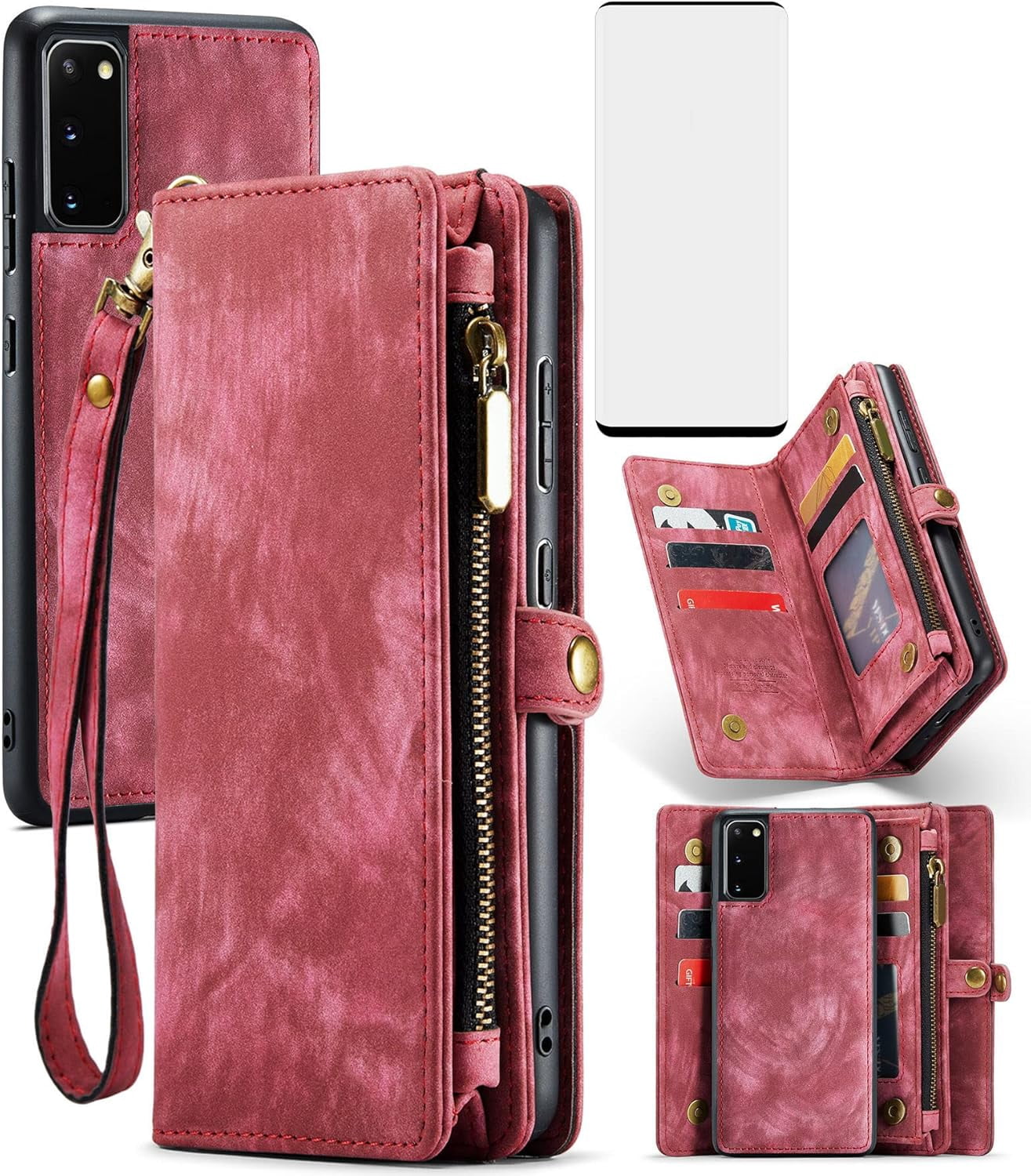 Asuwish Phone Case for Samsung Galaxy S20 5G 6.2 inch Zipper Wallet Detachable Cell Cover with Tempered Glass Screen Protector Crossbody Lanyard Strap Flip Card Holder S 20 20S UW S2O G5 Women Red