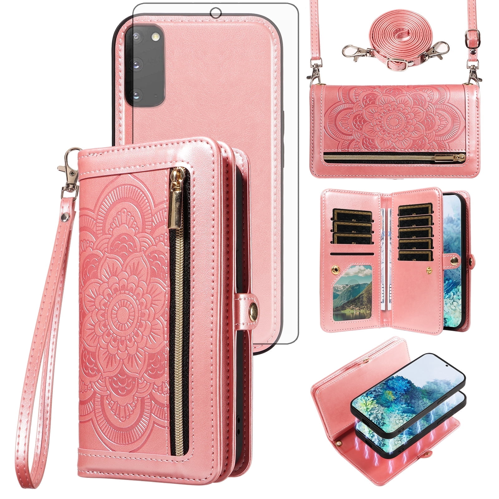 Asuwish Detachable Magnetic Zipper Wallet Phone Case with Flower Pattern and Screen Protector for Samsung Galaxy S20, Rose Gold