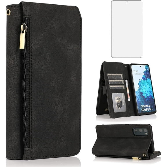 Asuwish Phone Case for Samsung Galaxy S20 FE 5G 6.5 inch Wallet Cell Cover with Tempered Glass Screen Protector Flip Zipper Card Holder S 20 EF UW 2022 S20FE5G S20FE 20S S2O Fan Edition 4G G5 Black