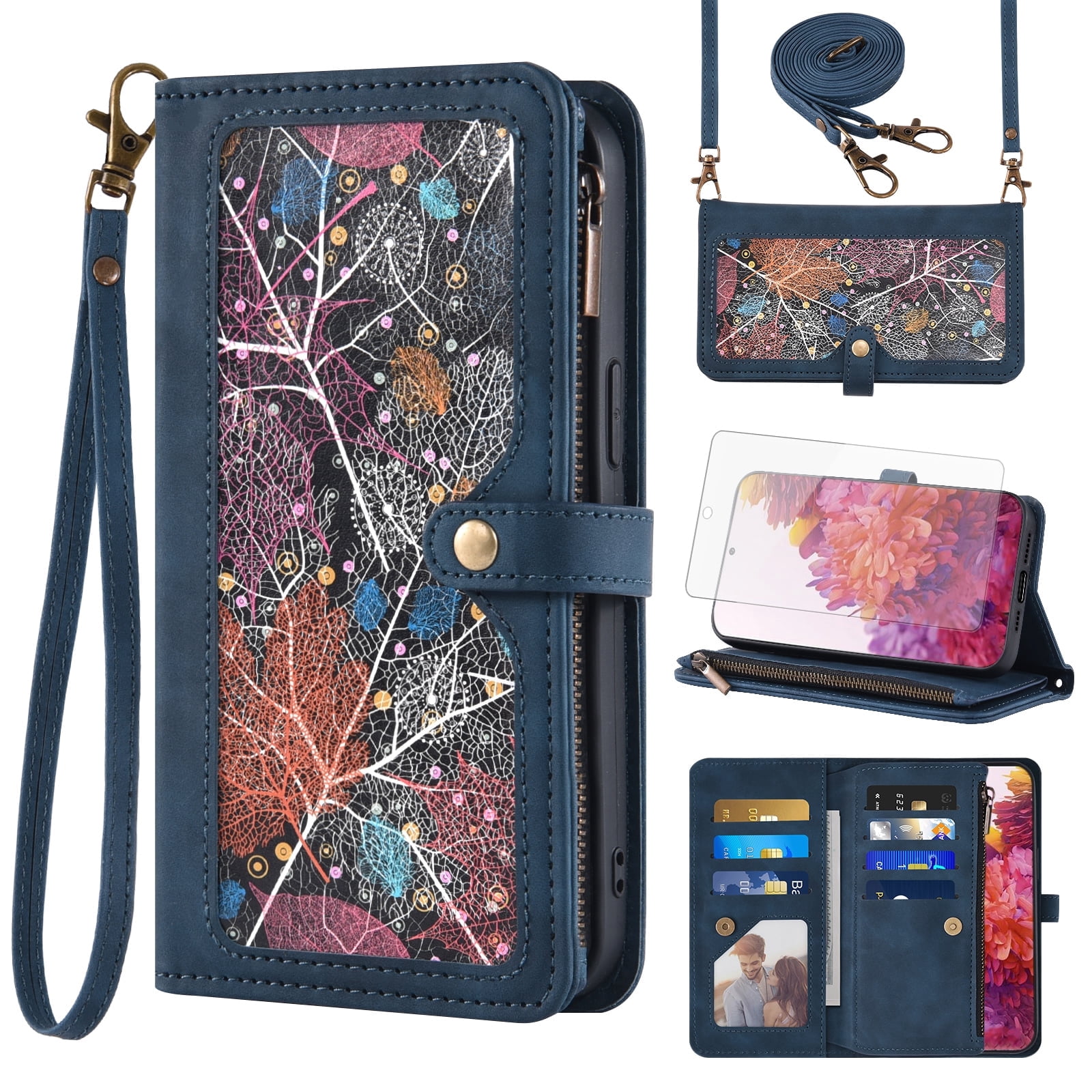 Asuwish Phone Case for Samsung Galaxy S20 FE 5G 6.5 inch Wallet Cover With Screen Protector Crossbody Flip Pattern Zipper Card Holder Cell S 20 EF UW 2022 S20FE5G S20FE 20S S2O Fan Edition 4G G5 Blue