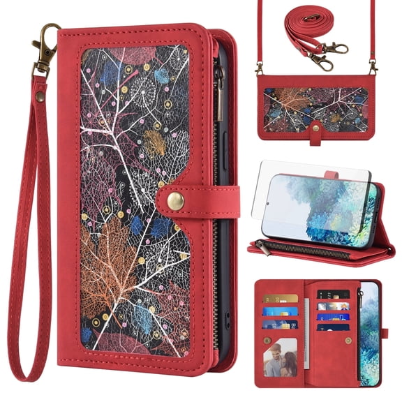 Asuwish Phone Case for Samsung Galaxy S20 Plus S20 5G Wallet Cover With Tempered Glass Screen Protector Wrist Strap Flip Pattern Zipper Card Holder Cell S20 5G S20plus 20S S2O S 20 20 G5 Men Red