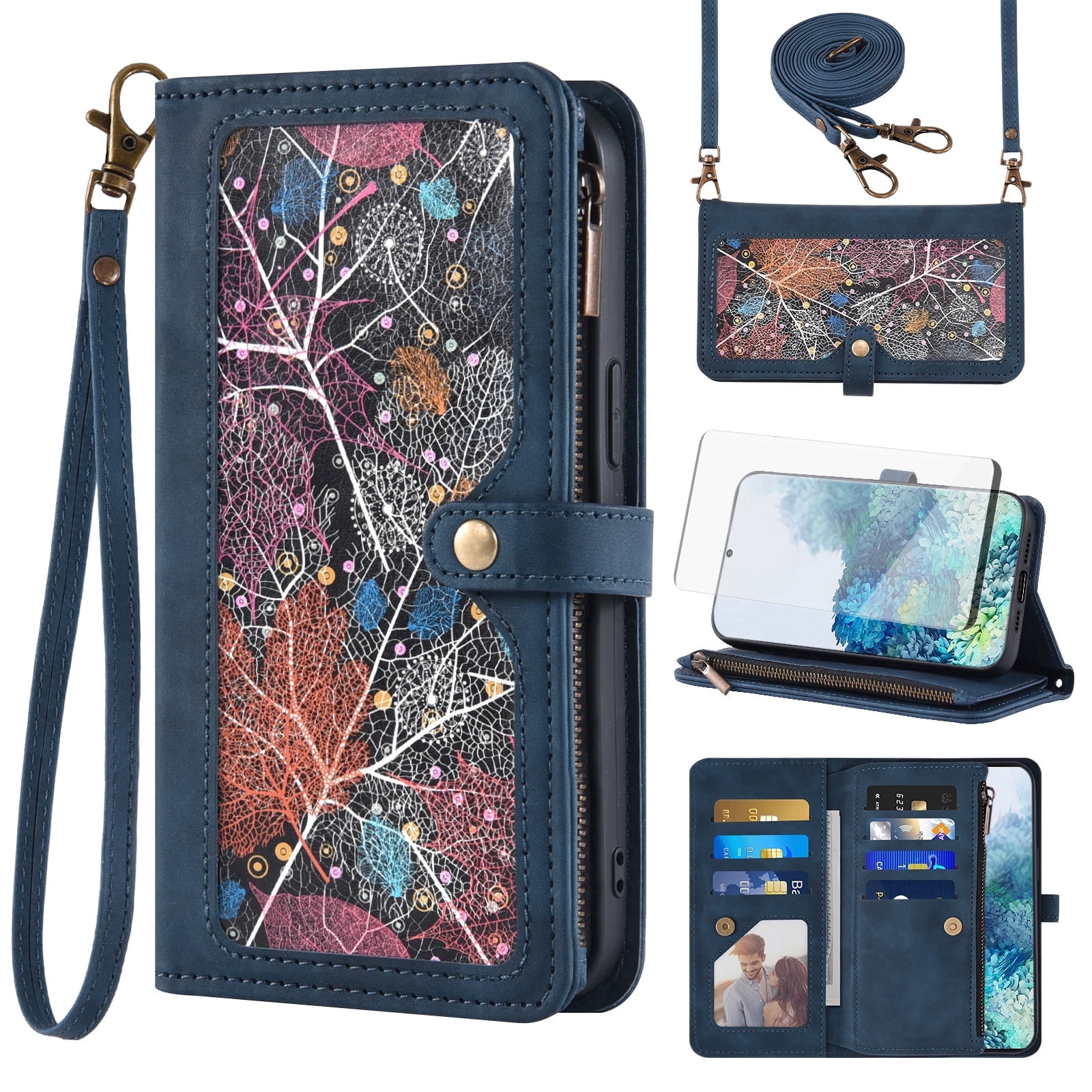 Asuwish Phone Case for Samsung Galaxy S20 Plus S20+ 5G Wallet Cover With Tempered Glass Screen Protector Wrist Strap Flip Pattern Zipper Card Holder Cell S20+5G S20plus 20S + S2O S 20 20+ G5 Men Blue