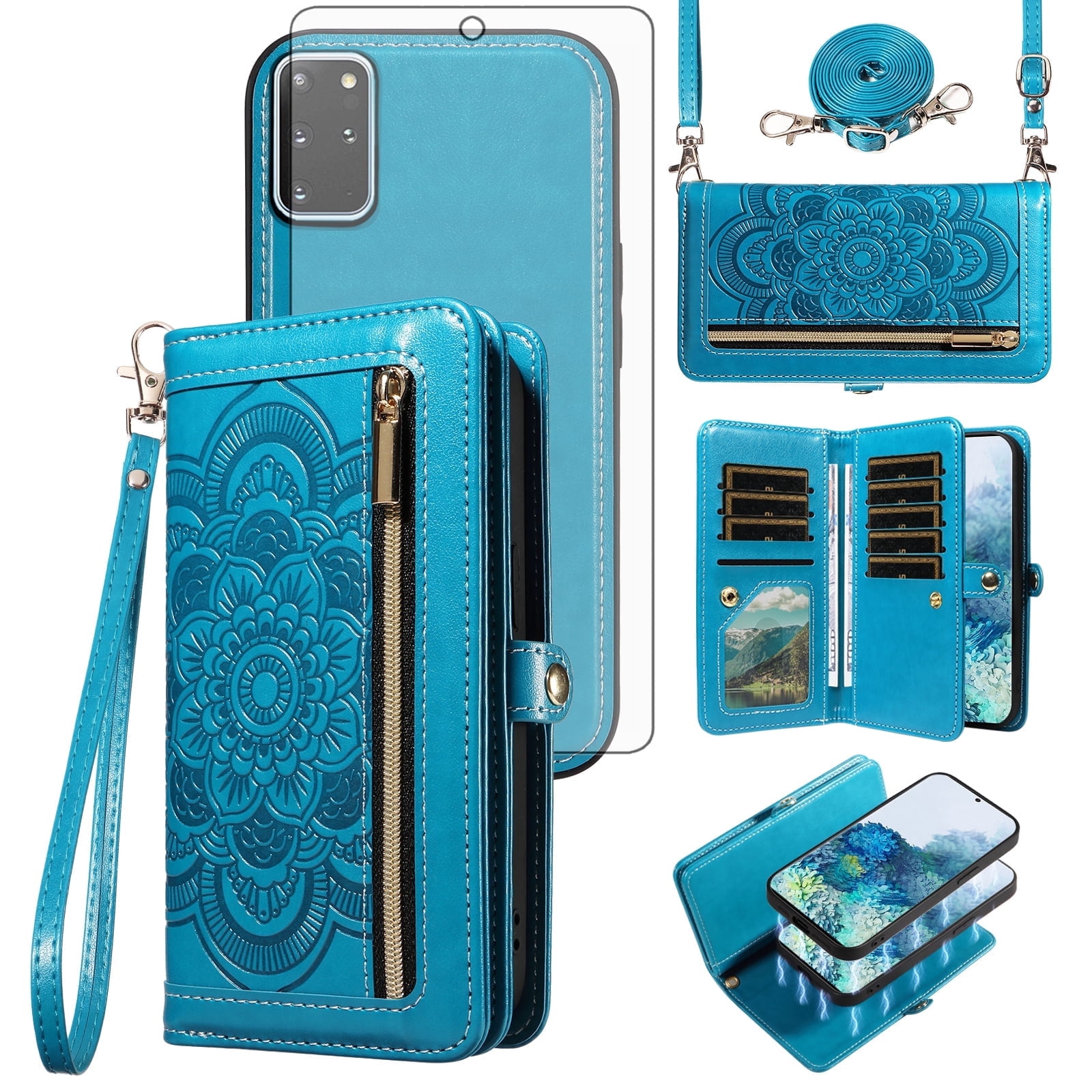 Asuwish Detachable Magnetic Zipper Wallet Phone Case with Flower Pattern and Screen Protector for Samsung Galaxy S20 Plus, Blue
