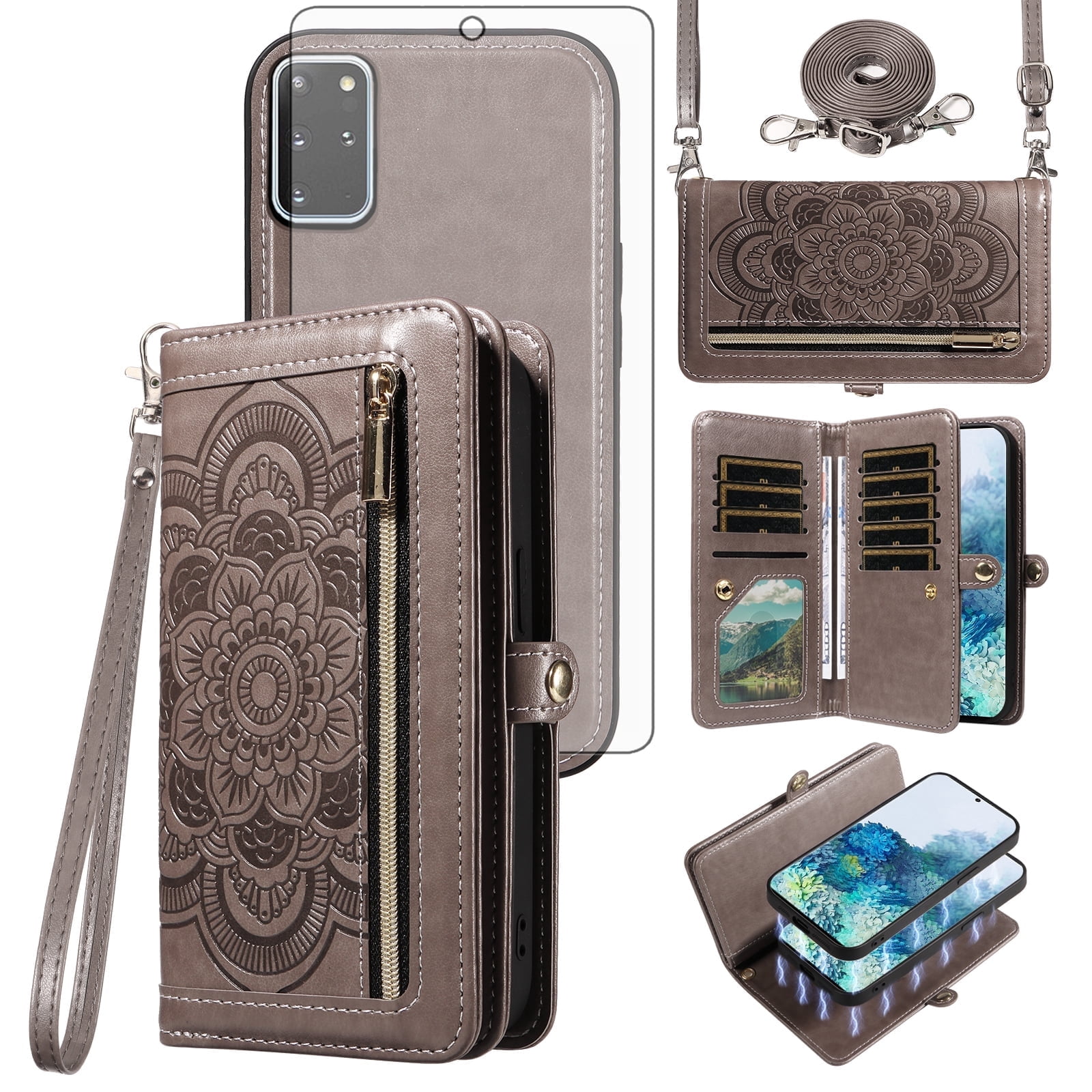 Asuwish Detachable Magnetic Zipper Wallet Phone Case with Flower Pattern and Screen Protector for Samsung Galaxy S20 Plus, Gray