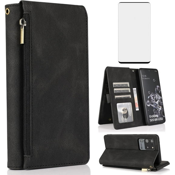 Asuwish Phone Case for Samsung Galaxy S20 Ultra 5G Wallet Cash Cell Cover with Tempered Glass Screen Protector Flip Zipper Stand Card Holder Slot S20ultra 20S S 20 A20 S2O 20ultra G5 Women Men Black