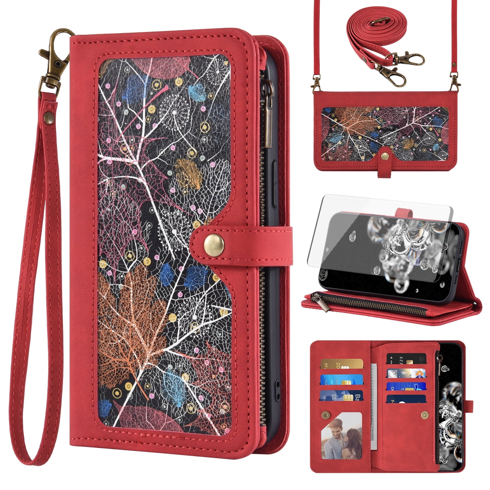 Asuwish Phone Case for Samsung Galaxy S20 Ultra 5G Wallet Cover With Tempered Glass Screen Protector Wrist Strap Flip Pattern Zipper Credit Card Holder Cell S20ultra 20S S 20 A20 S2O 20ultra G5 Red
