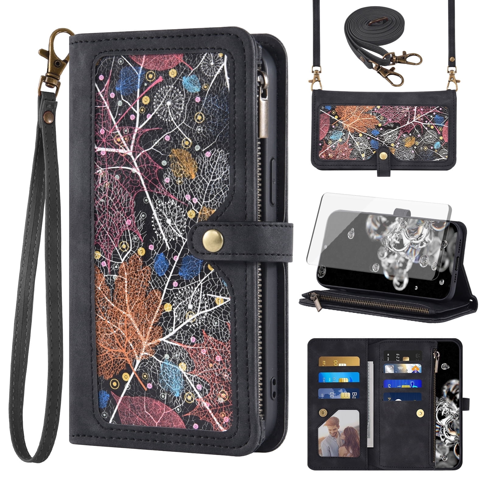 Asuwish Phone Case for Samsung Galaxy S20 Ultra 5G Wallet Cover With Tempered Glass Screen Protector Wrist Strap Flip Pattern Zipper Credit Card Holder Cell S20ultra 20S S 20 A20 S2O 20ultra G5 Black