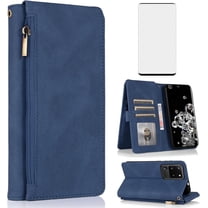 Asuwish Phone Case for Samsung Galaxy S20 Ultra 5G Wallet Mobile Cell Cover with Tempered Glass Screen Protector Flip Zipper Stand Card Holder Slot S20ultra 20S S 20 A20 S2O 20ultra G5 Women Men Blue