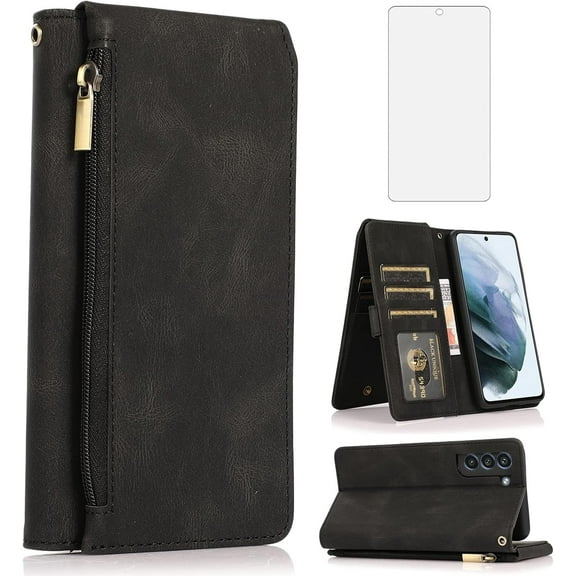 Asuwish Phone Case for Samsung Galaxy S21 FE 5G Wallet Cash Cell Cover with Tempered Glass Screen Protector Flip Zipper Stand Card Holder Slot S 21 EF S21FE5G UW S21FE 21S G5 6.4 inch Women Men Black