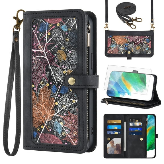 Asuwish Phone Case for Samsung Galaxy S21 FE 5G Wallet Cover With Tempered Glass Screen Protector Wrist Strap Flip Pattern Zipper Card Holder Cell S 21 EF S21FE5G UW S21FE 21S G5 6.4 inch Women Black