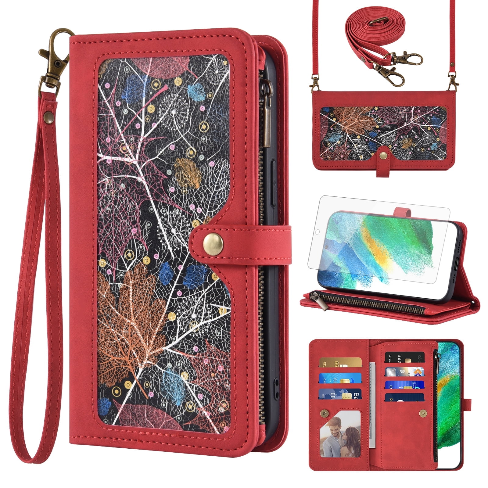 Asuwish Phone Case for Samsung Galaxy S21 FE 5G Wallet Cover With Tempered Glass Screen Protector Wrist Strap Flip Pattern Zipper Credit Card Holder Cell S 21 EF S21FE5G UW S21FE 21S G5 6.4 inch Red