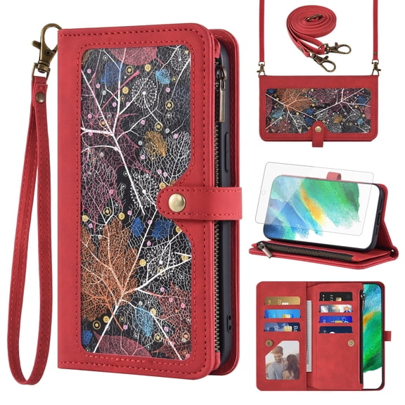 Asuwish Phone Case for Samsung Galaxy S21 FE 5G Wallet Cover With Tempered Glass Screen Protector Wrist Strap Flip Pattern Zipper Credit Card Holder Cell S 21 EF S21FE5G UW S21FE 21S G5 6.4 inch Red